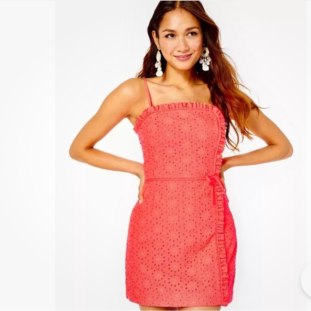 Lilly Pulitzer Jesse Ruffle Eyelet Romper in the color Spicy Coral Neon